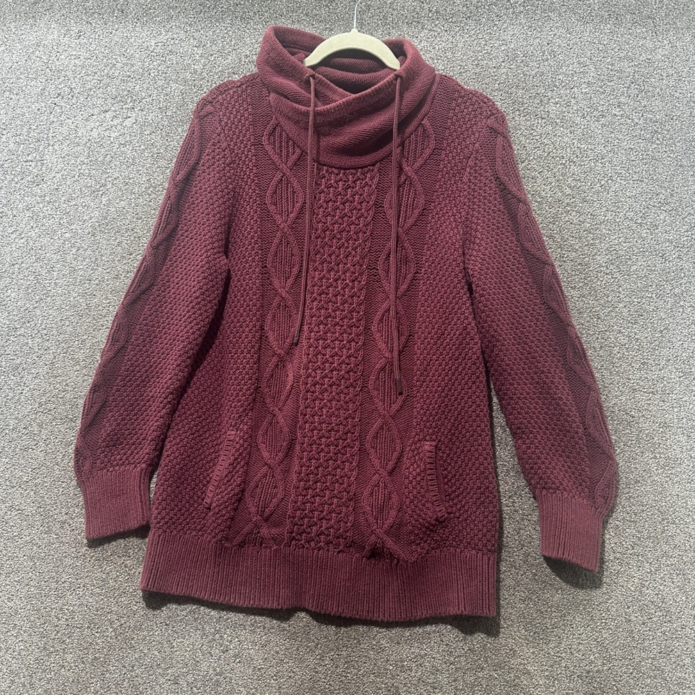 LL Bean Signature Cowl Neck Sweater Women Large Burgundy Cotton Cable Knit Cozy